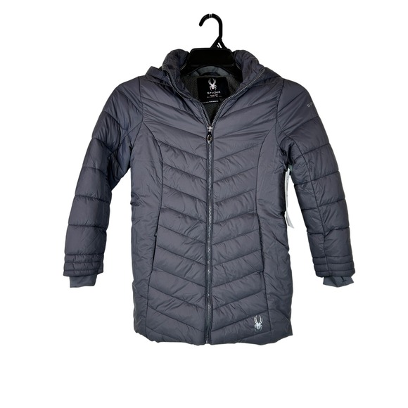 Spyder Girls Puffer Coat Jacket Gray Hooded Full Zip Quilted Winter Size M 8/10 - Picture 1 of 10